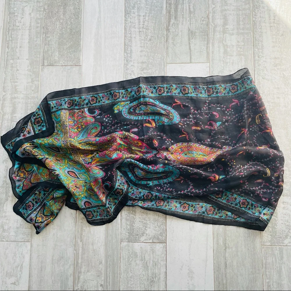 Vintage Rainbow Genuine Silk Paisley Rolled Hem Long Rectangular Women Men Scarf